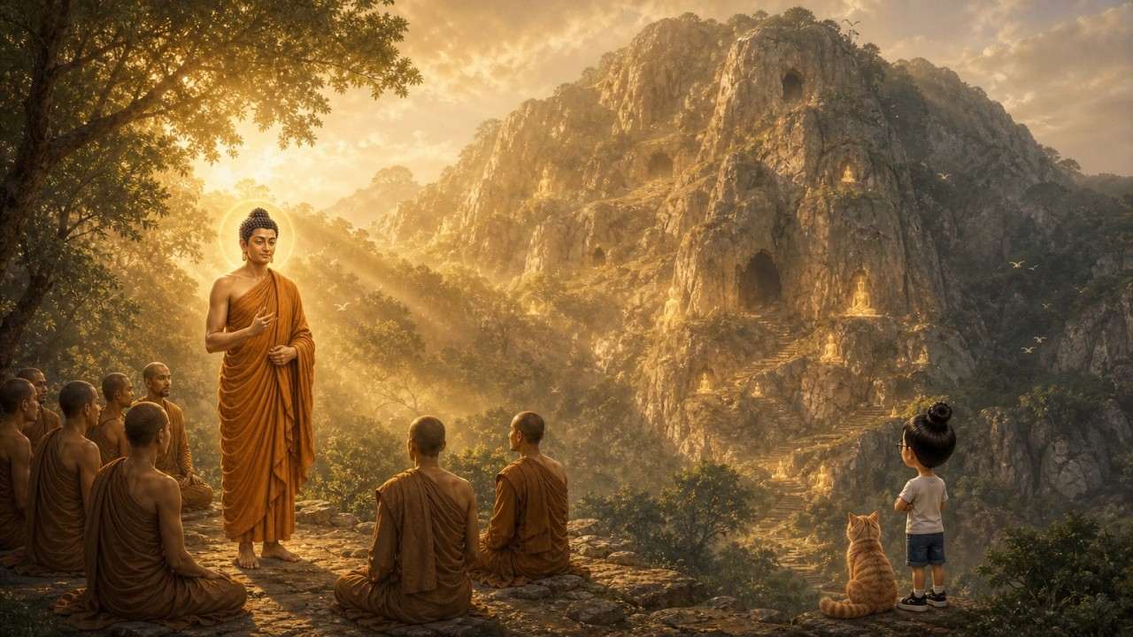 Ilustrasi pendamping Majjhima Nikāya MN 116, dengan Bunbun dan kucingnya sebagai saksi