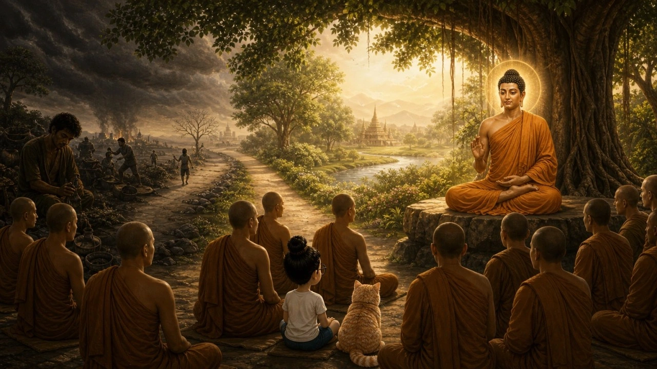Ilustrasi pendamping Majjhima Nikāya MN 129, dengan Bunbun dan kucingnya sebagai saksi
