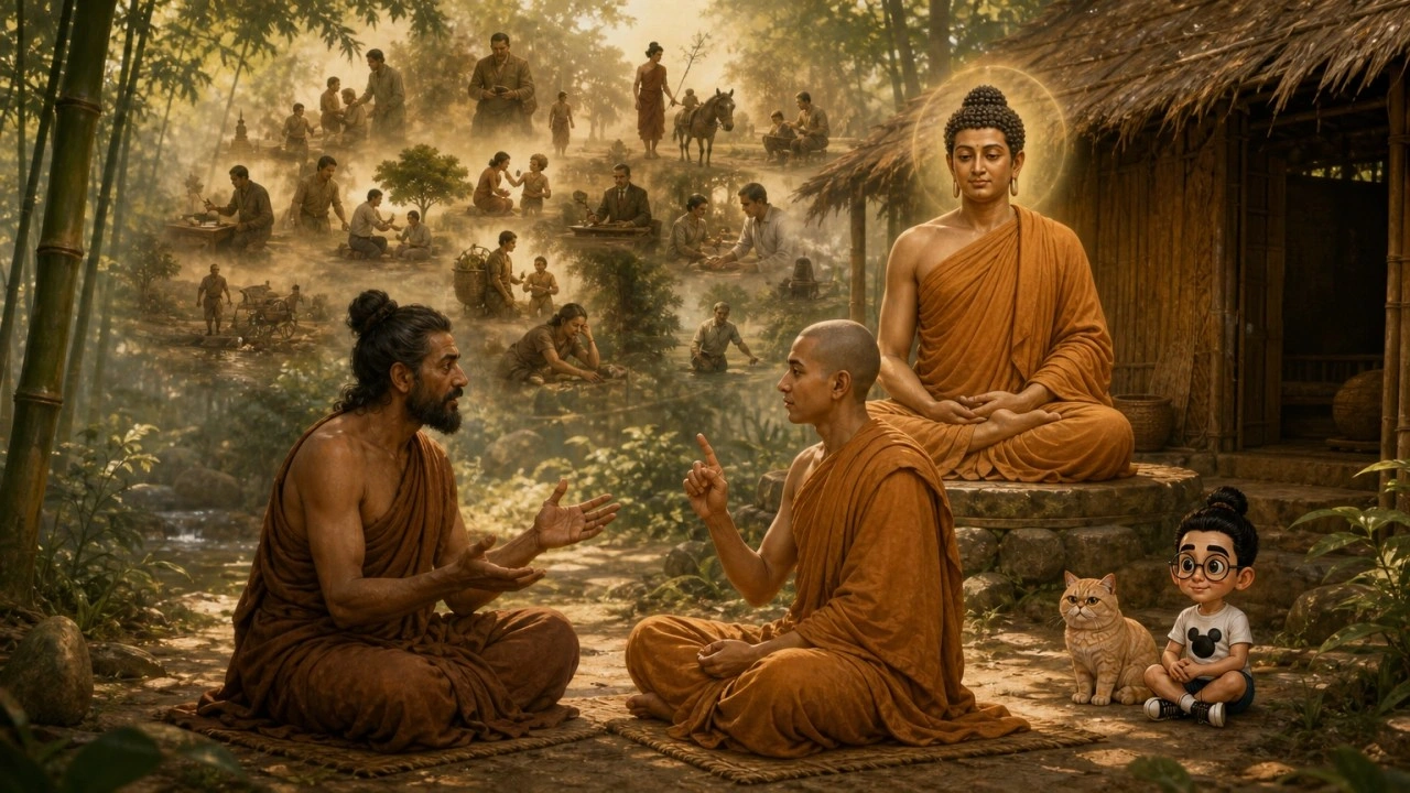 Ilustrasi pendamping Majjhima Nikāya MN 136, dengan Bunbun dan kucingnya sebagai saksi