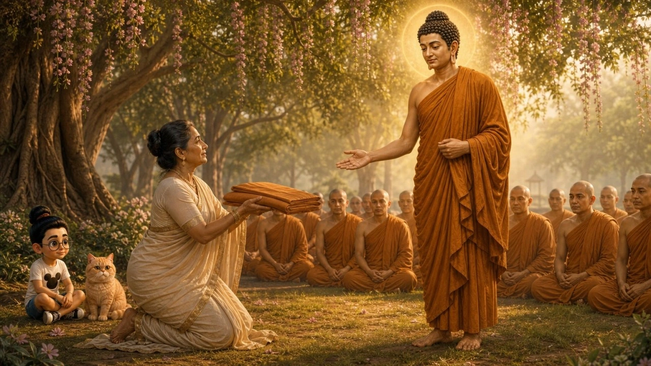 Ilustrasi pendamping Majjhima Nikāya MN 142, dengan Bunbun dan kucingnya sebagai saksi