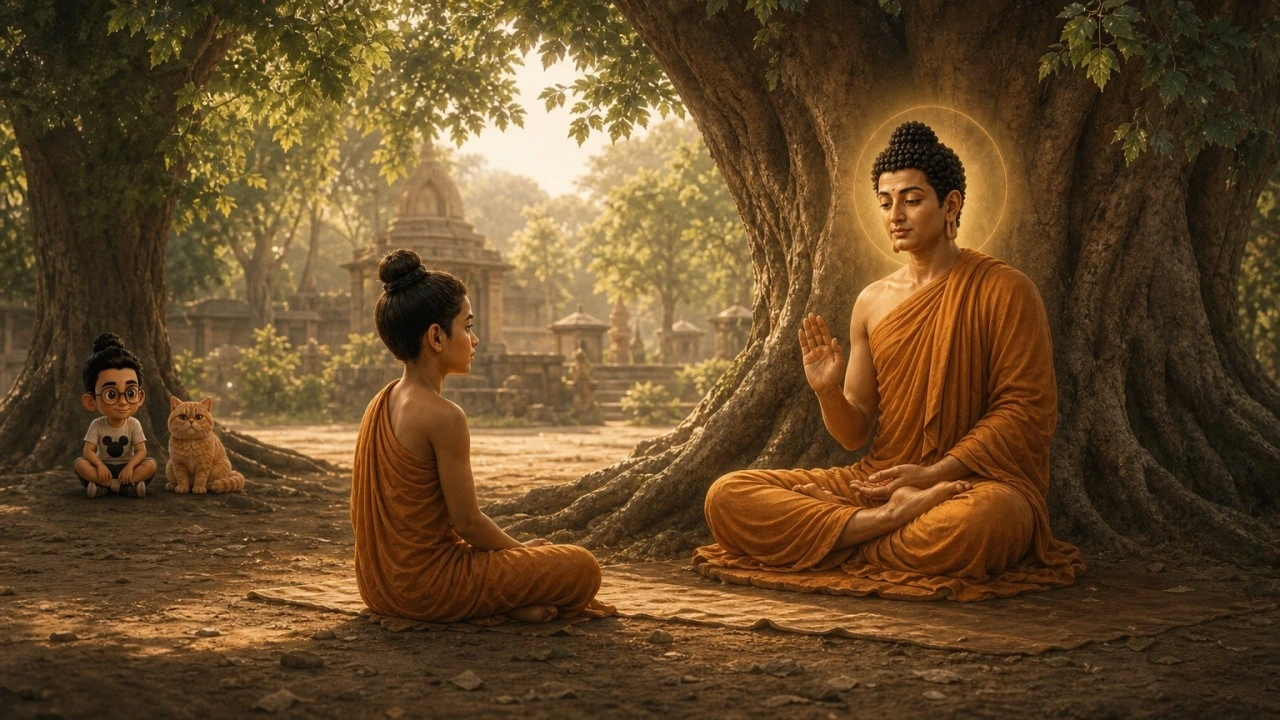 Ilustrasi pendamping Majjhima Nikāya MN 147, dengan Bunbun dan kucingnya sebagai saksi