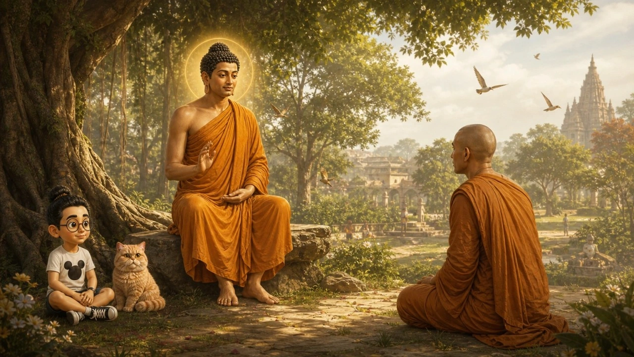 Ilustrasi pendamping Majjhima Nikāya MN 152, dengan Bunbun dan kucingnya sebagai saksi